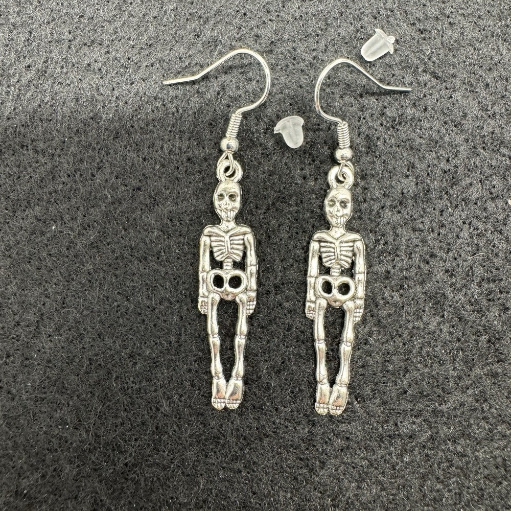 Halloween Skeleton Dangle Earrings Silver Tone Goth Spooky Costume Jewelry
